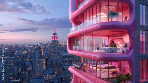 front image of a pneumatic inflatable pink plastic modern residential tower with large windows in New York with cantilever terraces realised by inflatable plastic modules  photo