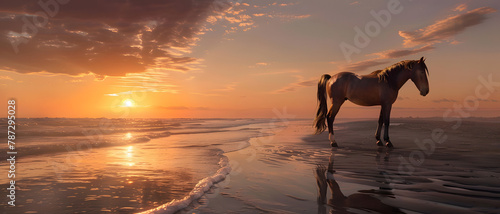 A majestic horse stands tranquil on a beach with reflections of a stunning sunset illuminating the sea and sky