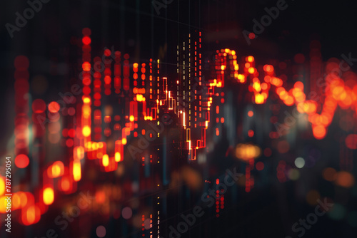 Digital display, options chart, stock market index chart glowing on a dark background. 