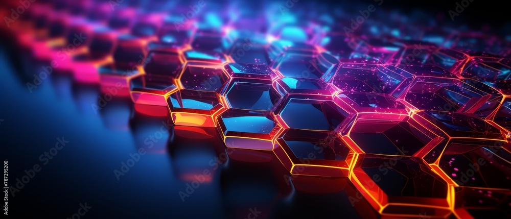 Fototapeta premium 3D geometric honeycomb network with neon data flowing through