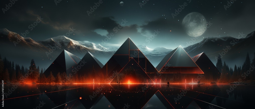 3D geometric shapes morphing into digital landscapes with tech effects