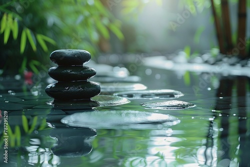 Zen stones in a reflective water setting with bamboo and soft greenery in the background, a spa and wellness concept
