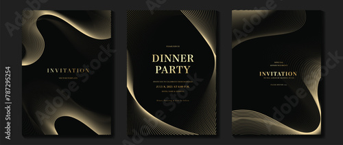 Luxury invitation card background vector. Golden elegant geometric shape, gold lines gradient on dark background. Premium design illustration for gala card, grand opening, wedding, party invitation.