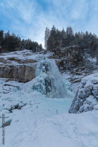The beauty of Krimml Waterfalls during a snowy winter.