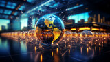 3D model of Earth with streaming data links, blurred international airport terminal background,
