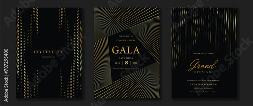 Luxury invitation card background vector. Golden elegant geometric shape, gold lines gradient on dark background. Premium design illustration for gala card, grand opening, wedding, party invitation.