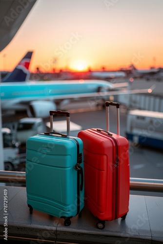 Business and holiday travel flight booking with luggage at airport banner concept