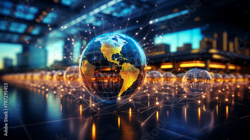3D model of Earth with streaming data links, blurred international airport terminal background,