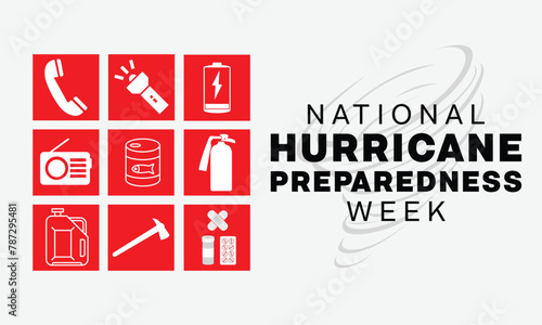 National Hurricane Preparedness Week design. It features  emergency preparation element in tiled. Vector illustration