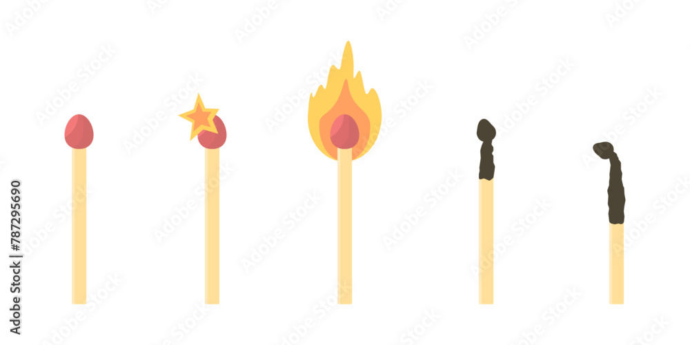 Set of burning matches. A solid wooden match with a sulfur head that glows from ignition to extinction. Sequence of combustion stages. Vector cartoon set of wooden sticks
Set of burning matches. A solid wooden match with a sulfur head that glows from ignition to extinction. Sequence of combustion stages. Vector cartoon set of wooden sticks