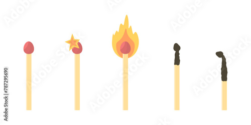 Set of burning matches. A solid wooden match with a sulfur head that glows from ignition to extinction. Sequence of combustion stages. Vector cartoon set of wooden sticks
