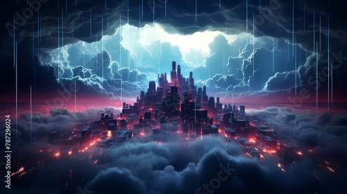 Abstract 3D geometric clouds with digital lightning and tech rain