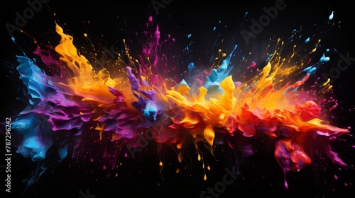 Abstract color splash with vibrant paint drops splattering on a dark canvas