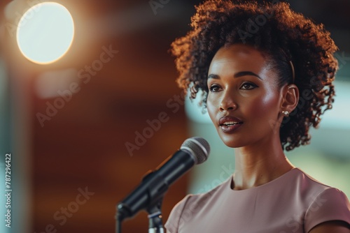 african american woman singing in microphone at conference hall or seminar