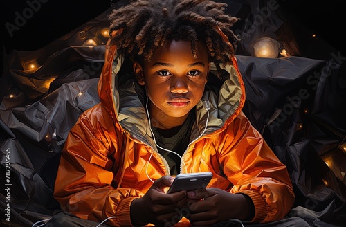 African American preteen playing with his cell phone in an atmosphere of fantasy and imagination.