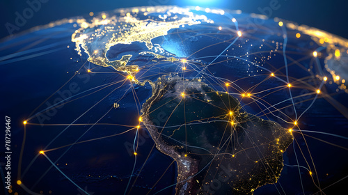 This image showcases the concept of global connectivity with bright lights and lines symbolizing network connections across North America at night