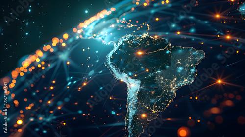 A stunning digital representation of South America with glowing connections symbolizing network and data