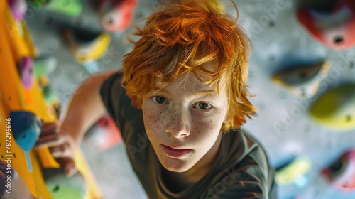 A young climber with red hair is scaling a colorful indoor climbing wall