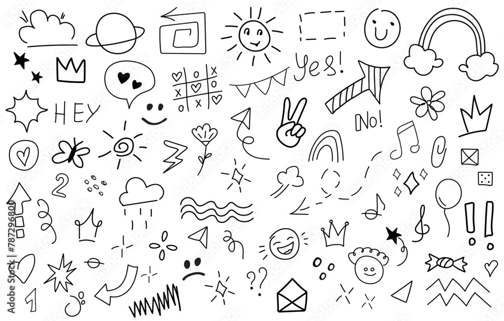 Big set of cartoon doodle hand drawn elements. Line art. Crowns, hearts, stars, flowers, sparkles, arrows, lightnings, rainbow, signs and other funny design elements іsolated on white background.