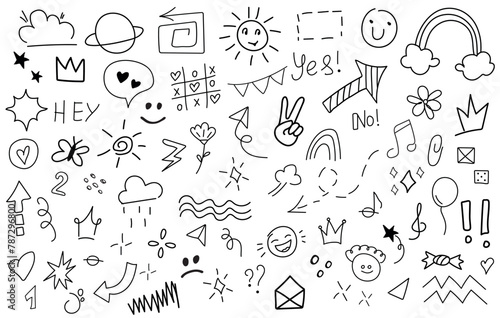 Big set of cartoon doodle hand drawn elements. Line art. Crowns  hearts  stars  flowers  sparkles  arrows  lightnings  rainbow  signs and other funny design elements   solated on white background.