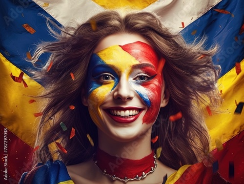Portrait of a woman with color and simbols of flag painted on her face. photo