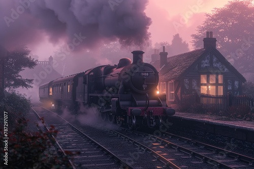A sense of nostalgia fills the air as a steam locomotive chugs through the early morning fog at a quaint railway station, depicted in vivid realism by an AI art generator , 3D render