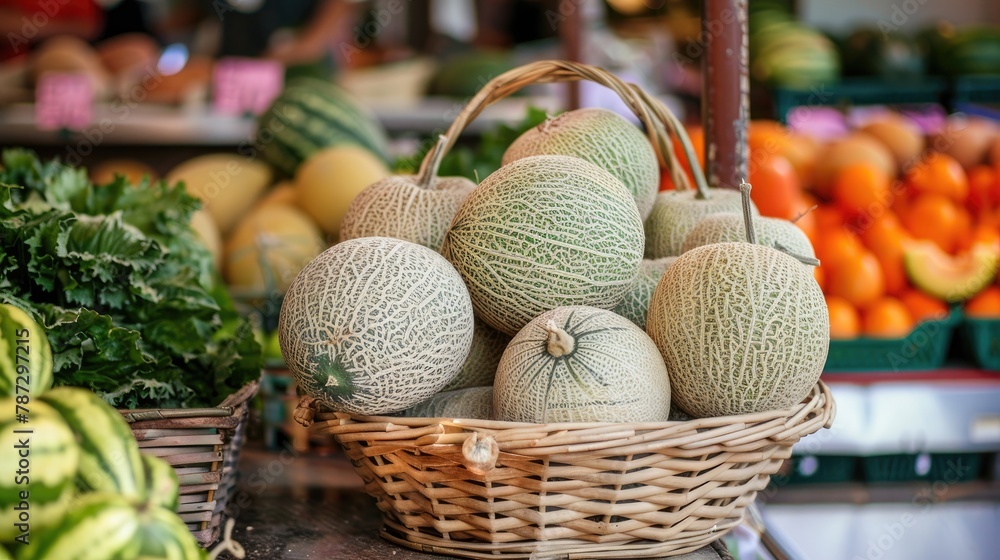 Cantaloupe melon in a basket at the market