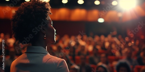 Back view of african american woman looking at audience during concert