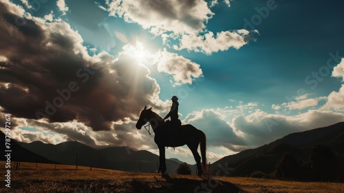 a person riding a horse on a hill under a cloudy sky © LUPACO IMAGES