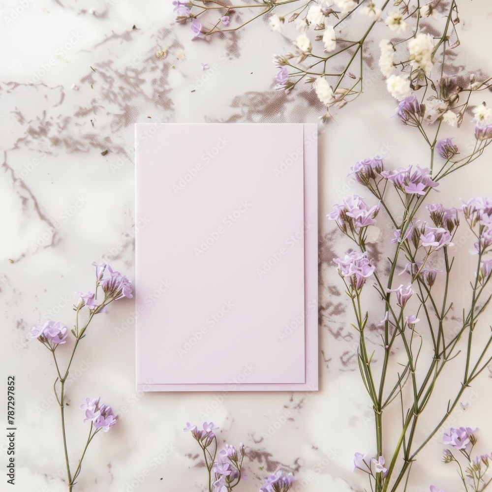 A blank purple card on marble background with purple and white flowers. A blank purple card on marble background with purple and white flowers.