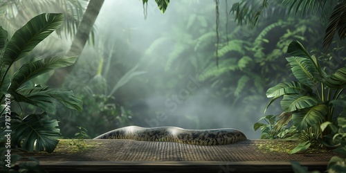 A formidable anaconda lies in wait, its muscular form camouflaged among the dense, misty jungle foliage