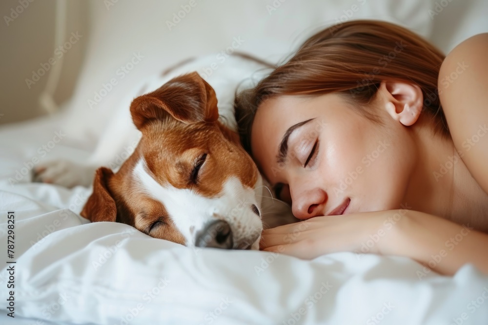 Young woman and dog peacefully sleeping together on a comfortable white bed at home
