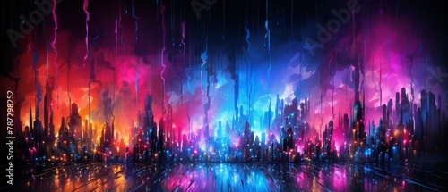 Digital abstract rain in neon colors, dripping dynamically across the screen
