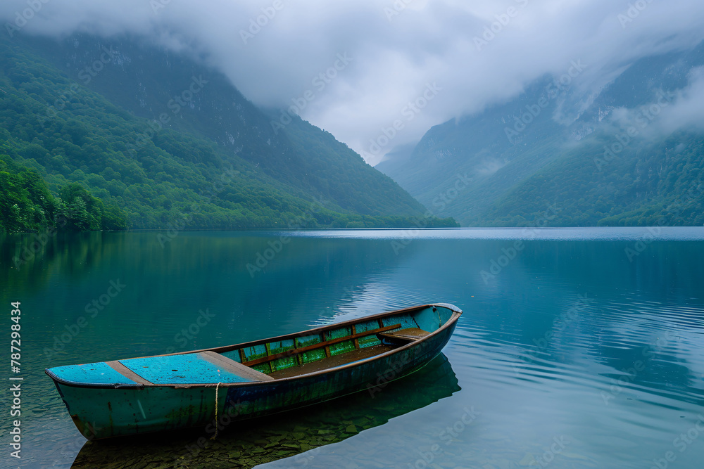 Serene Lake Escape with Boat and Mountains Serene Lake Escape with Boat and Mountains