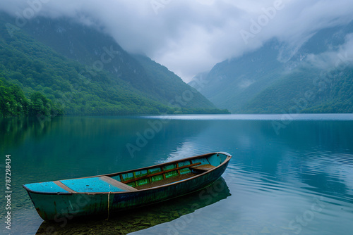 Serene Lake Escape with Boat and Mountains