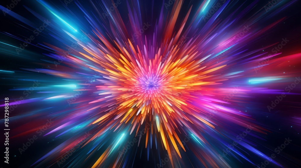 Abstract starburst in neon colors, radiating from a central point with dynamic energy Abstract starburst in neon colors, radiating from a central point with dynamic energy