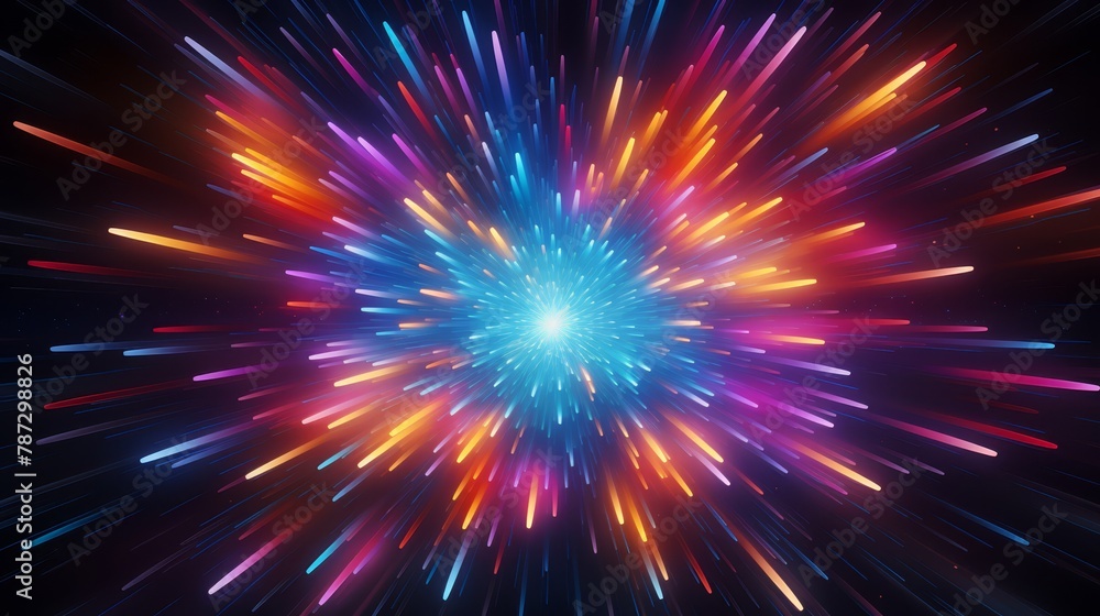 Abstract starburst in neon colors, radiating from a central point with dynamic energy Abstract starburst in neon colors, radiating from a central point with dynamic energy