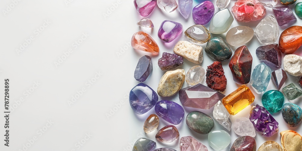An array of various beautiful gems and crystals arranged randomly against a white backdrop, displaying rich colors and shapes An array of various beautiful gems and crystals arranged randomly against a white backdrop, displaying rich colors and shapes