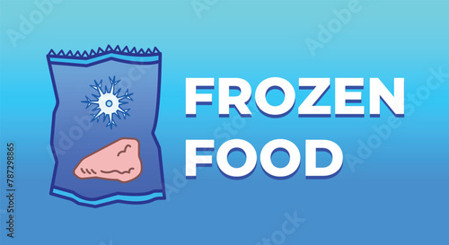 Frozen food supermarket banner poster sign age illustration isolated on horizontal gradient blue background. Simple flat styled drawing.