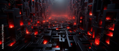 Complex 3D digital labyrinth in monochrome with neon red highlights