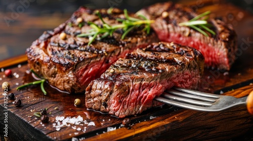 Gourmet chef grilling steak in creamy butter lemon or spicy cajun sauce with herbs and garnish