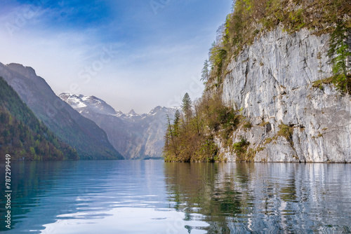 Serene Spring Day at Lake Königssee: Crystal Clear Waters and Majestic Alpine Cliffs photo