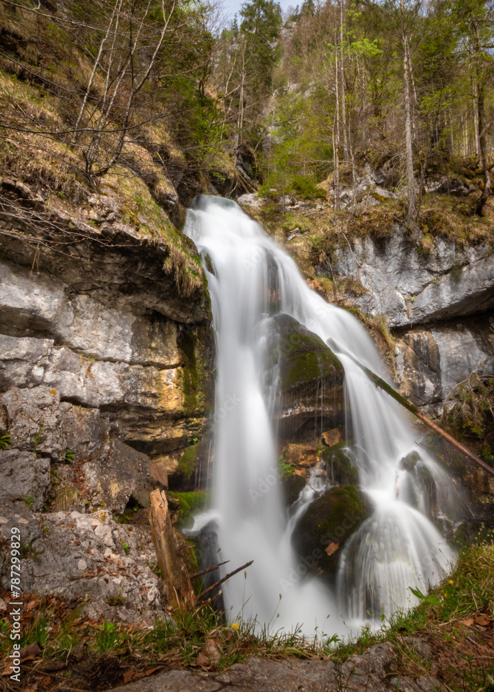 Obraz premium Majestic Waterfall Cascading Through the Forest in Berchtesgaden, Bavaria (Schrainbachfall)