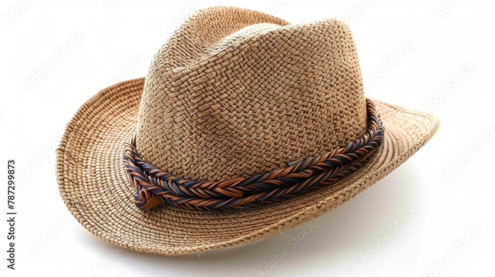 a straw hat with a braid band on a white background
