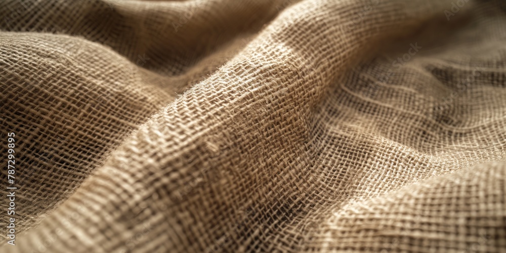 Detailed image showcasing the intricate weave and fibrous texture of a piece of burlap fabric in natural brown tones Detailed image showcasing the intricate weave and fibrous texture of a piece of burlap fabric in natural brown tones