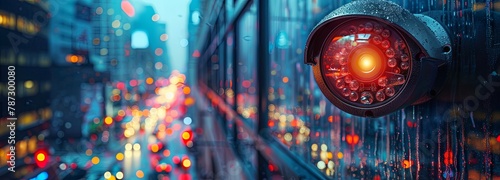 A security camera mounted on the side of an urban building  capturing traffic and pedestrians in motion. The cityscape is blurred with streetlights casting long shadows. Generative AI