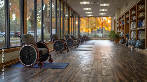 Row of Wheelchairs on Wooden Floor