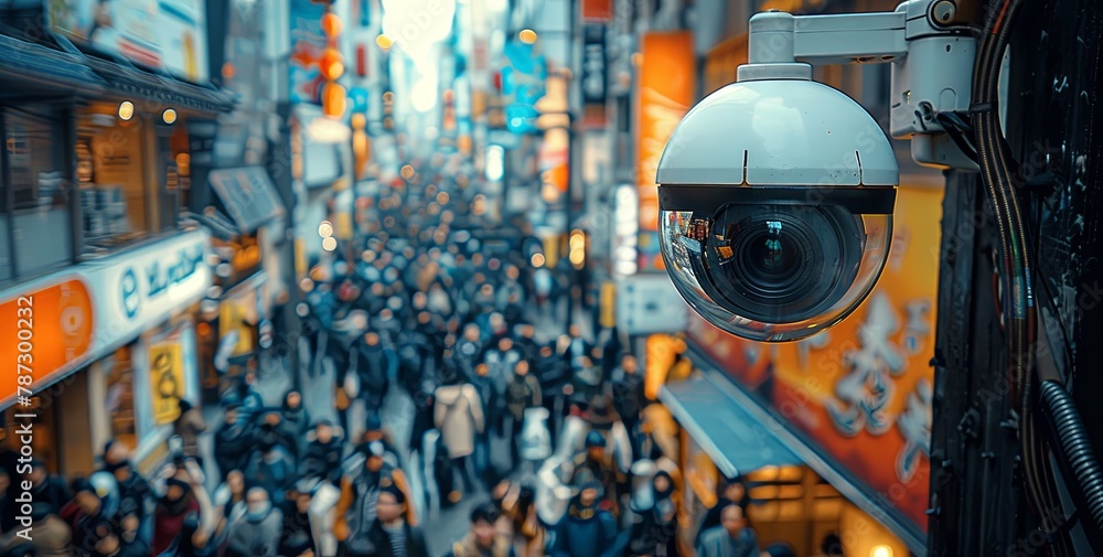 A security camera mounted on the side of an urban building, capturing traffic and pedestrians in motion. The cityscape is blurred with streetlights casting long shadows. Generative AI A security camera mounted on the side of an urban building, capturing traffic and pedestrians in motion. The cityscape is blurred with streetlights casting long shadows. Generative AI