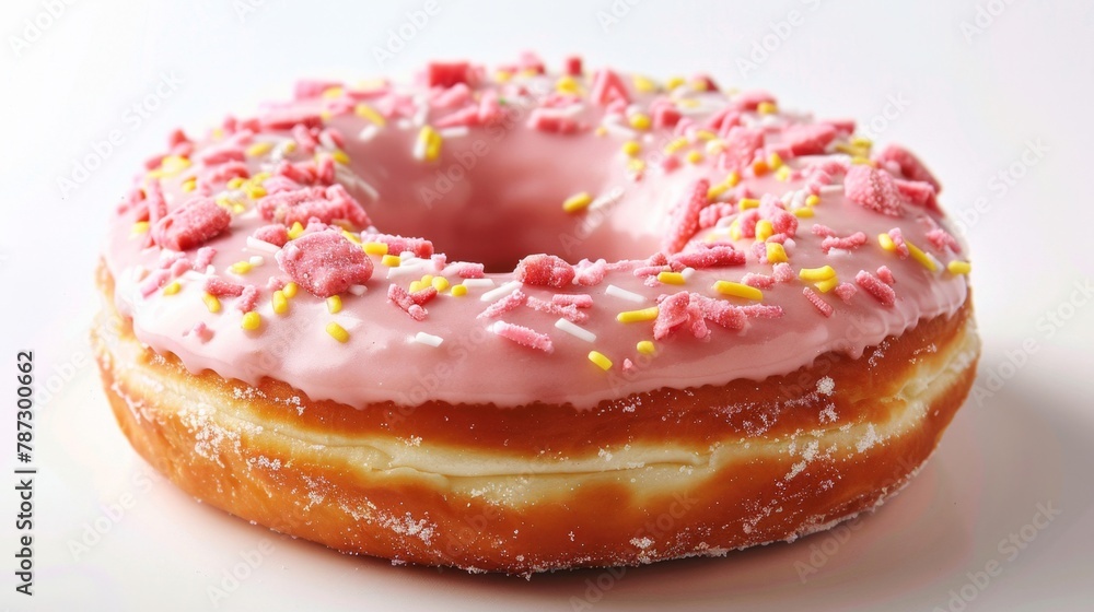 a pink frosted doughnut with sprinkles on a white surface a pink frosted doughnut with sprinkles on a white surface