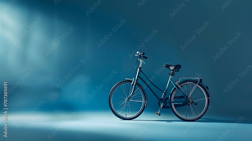 Fototapeta premium The bicycle stands against the background of a blue wall copy space High quality photo : Generative AI